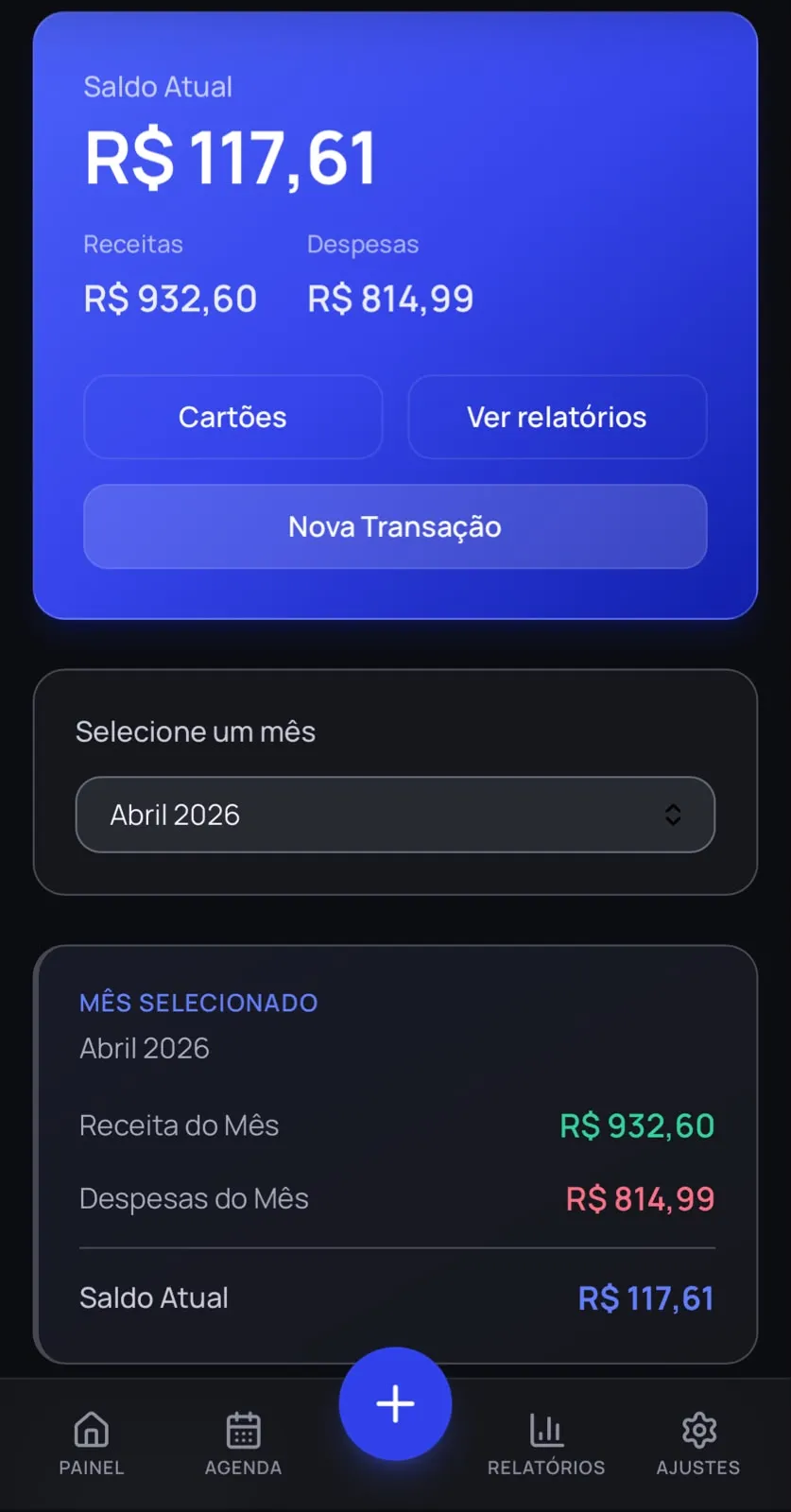 Tela de finanças do Vynta no celular